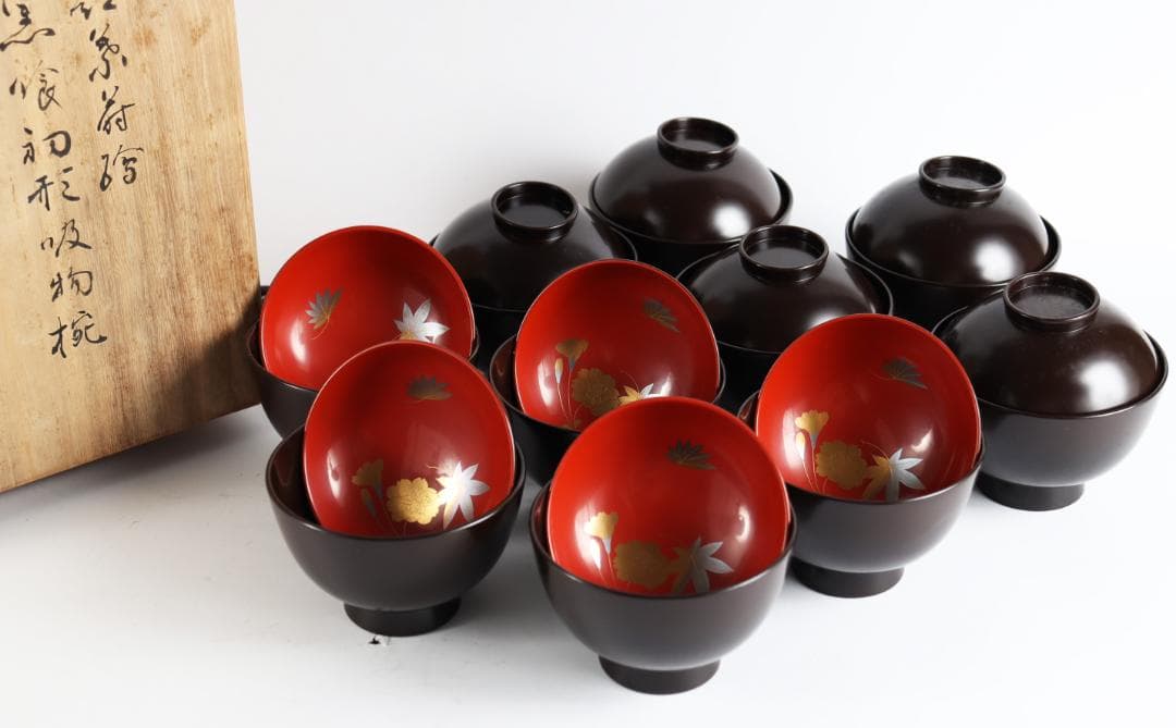 平安 象彦 花蒔絵 黒喰吸物椀 十客